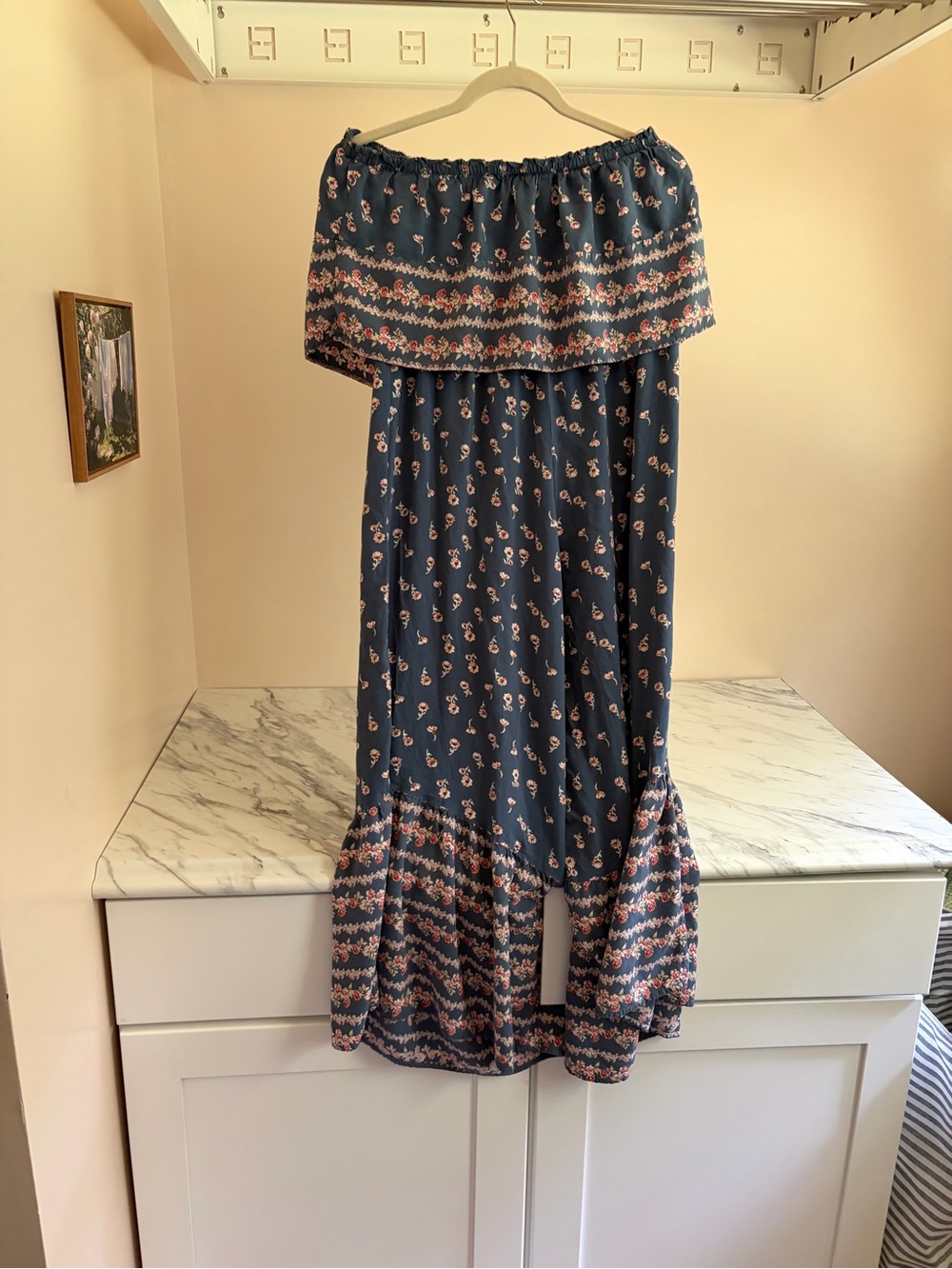 Japna Smocked Off the Shoulder Floral Bell Bottom Jumpsuit Dusty Blue L - Picture 2 of 3